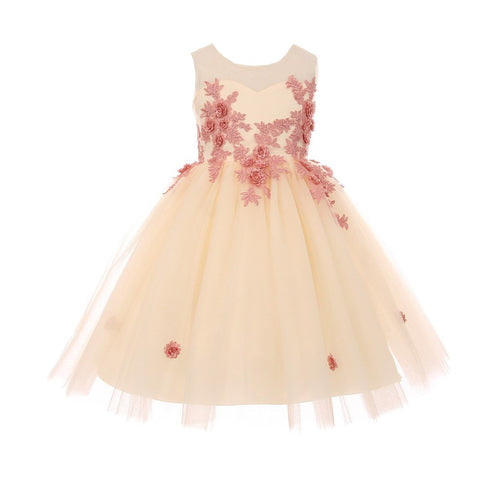 Little Girls Champagne Rose 3D Contrast Floral Applique Flower Girl Dress 2-6 - SophiasStyle.com